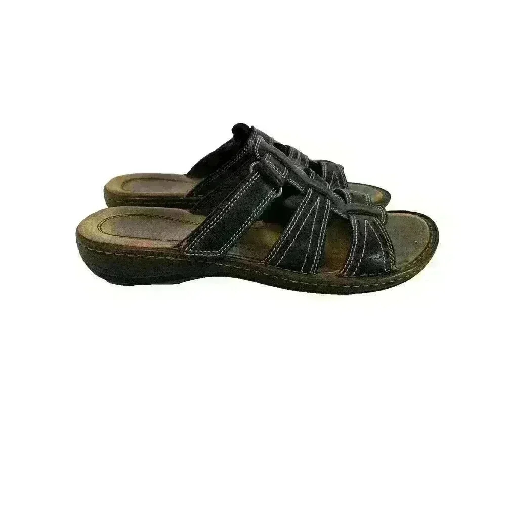 Clarks Artisan Womens Size 7M Black Slide Leather Adjustable Sandals Flat Heel